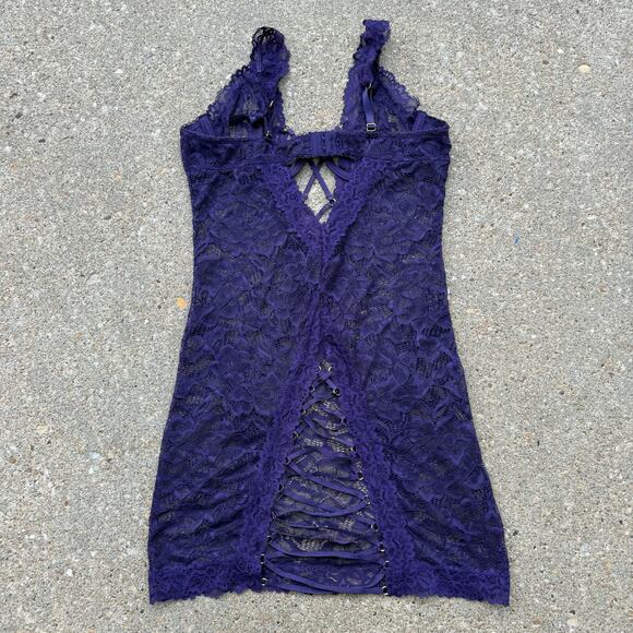 Fredericks of Hollywood Blue Purple Criss Cross Peekaboo Lace Lingerie Nightie M - Picture 2 of 9